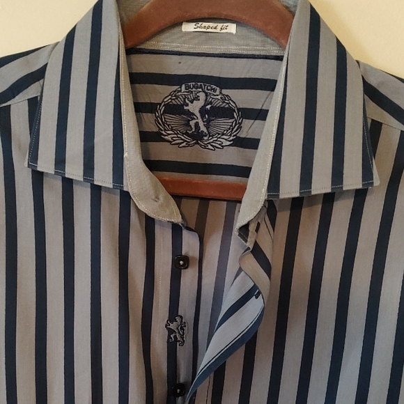 Bugatchi Men's Black and Gray Striped Long Sleeve Cotton Cuffed Shirt XXL - Picture 2 of 9